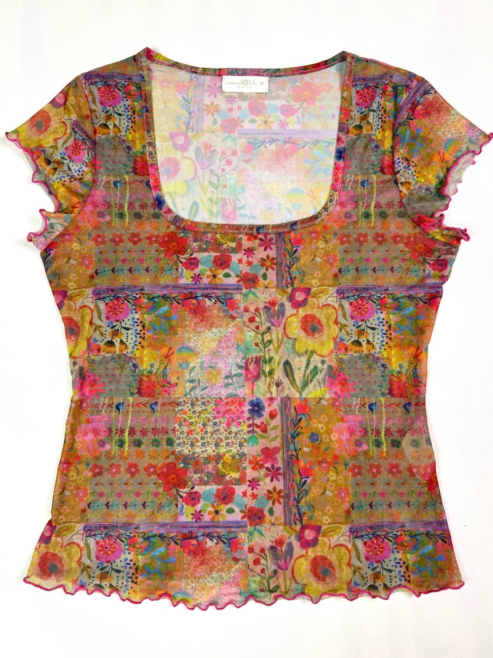 Natural Life Y2K Floral Patchwork Sheer Mesh Baby Tee Lettuce Hem Size M